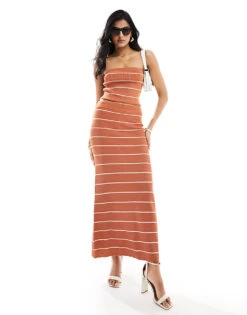 Pretty Lavish Knit Bandeau Top And Skirt Co-ord In Terracotta Stripe