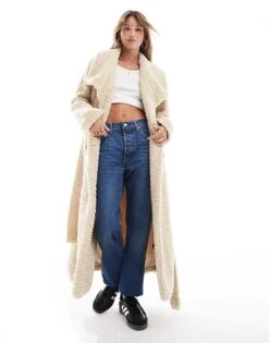 Pretty Lavish Shaggy Textured Teddy Coat In Cream For Women