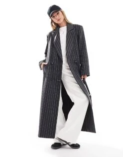Pretty Lavish Pinstripe Coat In Charcoal Grey For Women Charcoal & White