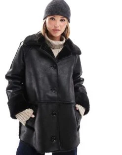 Pretty Lavish Oversized Aviator Coat In Black For Women