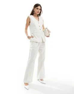 Pretty Lavish Linen Blend Longline Blazer And Trouser Co-ord In Cream Pinstripe