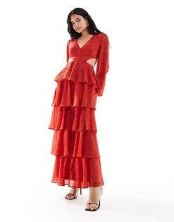 Pretty Lavish Long Sleeve Cut-out Maxi Dress In Red For Women -Pretty Lavi Clothing Shop 206916707 1 red 1