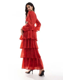 Pretty Lavish Long Sleeve Cut-out Maxi Dress In Red For Women -Pretty Lavi Clothing Shop 206916707 4