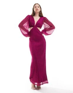 Pretty Lavish Balloon Sleeve Plisse Maxi Dress In Metallic Plum For Women Pink -Pretty Lavi Clothing Shop 206916715 1 pink 1