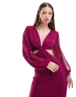 Pretty Lavish Balloon Sleeve Plisse Maxi Dress In Metallic Plum For Women Pink -Pretty Lavi Clothing Shop 206916715 2