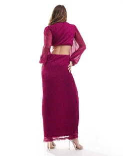 Pretty Lavish Balloon Sleeve Plisse Maxi Dress In Metallic Plum For Women Pink -Pretty Lavi Clothing Shop 206916715 3