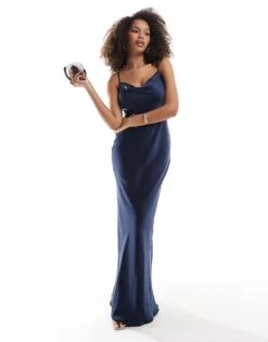 Pretty Lavish Bridesmaid Keisha Satin Maxi Dress In Midnight Navy For Women