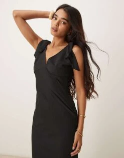 Pretty Lavish Bow Shoulder Satin Midaxi Dress In Black For Women