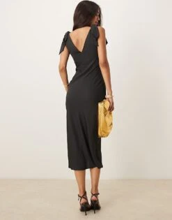 Pretty Lavish Bow Shoulder Satin Midaxi Dress In Black For Women -Pretty Lavi Clothing Shop 206916740 4