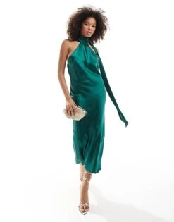 Pretty Lavish Satin Scarf Midaxi Dress In Emerald For Women