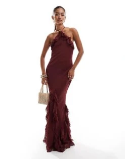 Pretty Lavish Halter Ruffle Maxi Dress In Wine For Women