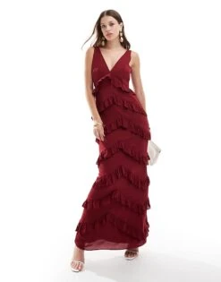 Pretty Lavish Ruffle Maxi Dress In Wine For Women