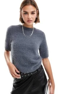 Pretty Lavish Cropped Knit T-shirt In Charcoal For Women -Pretty Lavi Clothing Shop 206918117 1 charcoal 1