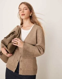Pretty Lavish Chunky Cuff Knit Cardigan In Taupe For Women