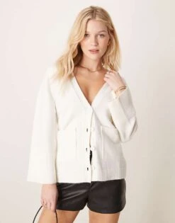 Pretty Lavish Chunky Cuff Knit Cardigan In Cream For Women