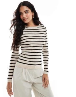 Pretty Lavish Slash Neck Knit Top In Cream Stripe For Women