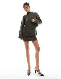 Pretty Lavish Cable Knit Co-ord In Olive