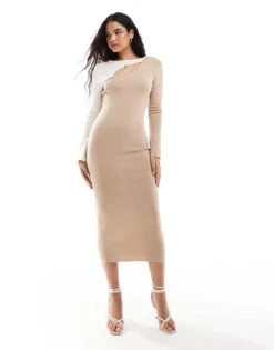 Pretty Lavish Cut-out Knit Midaxi Dress In Neutral Colour Block For Women Beige/cream -Pretty Lavi Clothing Shop 206918807 1 beigecream 1