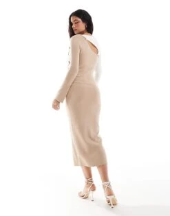 Pretty Lavish Cut-out Knit Midaxi Dress In Neutral Colour Block For Women Beige/cream -Pretty Lavi Clothing Shop 206918807 4