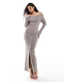 Pretty Lavish Button Bardot Knit Maxi Dress In Mink For Women -Pretty Lavi Clothing Shop 206918809 1 mink 1