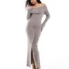 Pretty Lavish Button Bardot Knit Maxi Dress In Mink For Women