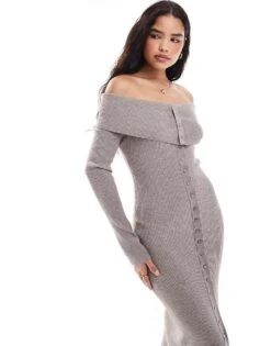 Pretty Lavish Button Bardot Knit Maxi Dress In Mink For Women -Pretty Lavi Clothing Shop 206918809 4