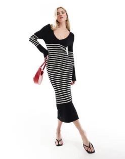 Pretty Lavish Striped Knit Midi Dress In Black And White For Women Black/white