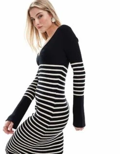 Pretty Lavish Striped Knit Midi Dress In Black And White For Women Black/white -Pretty Lavi Clothing Shop 206918832 3