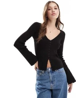 Pretty Lavish Button Front Fitted Cardigan In Black For Women -Pretty Lavi Clothing Shop 206961772 1 black 1