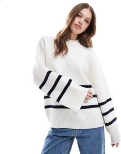 Pretty Lavish Crew Neck Stripe Knit Jumper In White For Women -Pretty Lavi Clothing Shop 206962019 1 white 1