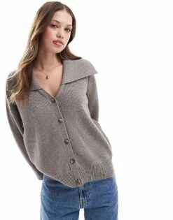 Pretty Lavish Collar Button Knit Cardigan In Taupe For Women