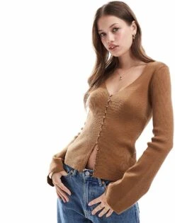 Pretty Lavish Button Front Fitted Cardigan In Ginger For Women