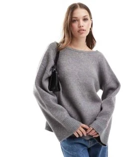 Pretty Lavish Slash Neck Jumper In Grey For Women -Pretty Lavi Clothing Shop 206962238 1 grey 1