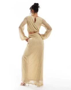 Pretty Lavish Long Sleeve Tie Waist Metallic Maxi Dress In Gold For Women -Pretty Lavi Clothing Shop 206966730 4