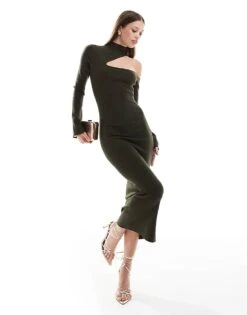 Pretty Lavish Cut-out Knit Midaxi Dress In Olive For Women
