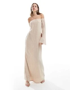 Pretty Lavish Off Shoulder Metallic Maxi Dress In Gold For Women -Pretty Lavi Clothing Shop 206966828 1 gold 1