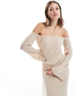 Pretty Lavish Off Shoulder Metallic Maxi Dress In Gold For Women -Pretty Lavi Clothing Shop 206966828 2