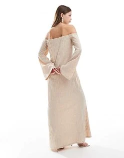 Pretty Lavish Off Shoulder Metallic Maxi Dress In Gold For Women -Pretty Lavi Clothing Shop 206966828 3