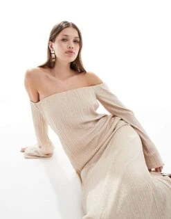 Pretty Lavish Off Shoulder Metallic Maxi Dress In Gold For Women -Pretty Lavi Clothing Shop 206966828 4