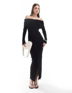 Pretty Lavish Button Bardot Knit Maxi Dress In Black For Women
