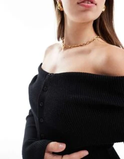 Pretty Lavish Button Bardot Knit Maxi Dress In Black For Women -Pretty Lavi Clothing Shop 206966829 3