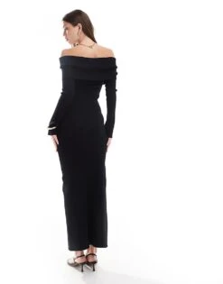 Pretty Lavish Button Bardot Knit Maxi Dress In Black For Women -Pretty Lavi Clothing Shop 206966829 4
