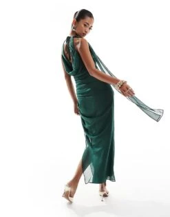 Pretty Lavish Extreme Cowl Midaxi Dress In Emerald Green For Women