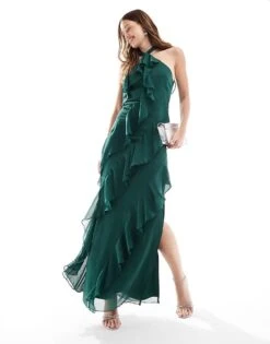 Pretty Lavish Halter Ruffle Maxi Dress In Emerald Green For Women