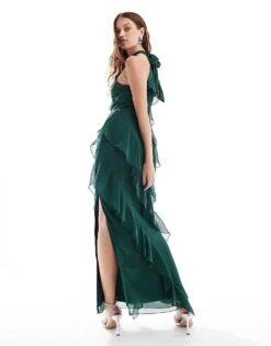 Pretty Lavish Halter Ruffle Maxi Dress In Emerald Green For Women -Pretty Lavi Clothing Shop 206966984 3