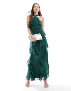 Pretty Lavish Halter Ruffle Maxi Dress In Emerald Green For Women -Pretty Lavi Clothing Shop 206966984 4