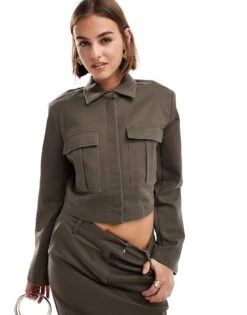 Pretty Lavish Boxy Utility Shirt Co-ord In Bark For Women