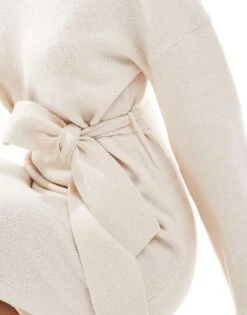 Pretty Lavish Tie Waist Knitted Midaxi Dress In Cream For Women -Pretty Lavi Clothing Shop 206966987 3