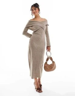 Pretty Lavish Crossover Bardot Knit Midaxi Dress In Brown For Women -Pretty Lavi Clothing Shop 206967014 1 brown 1