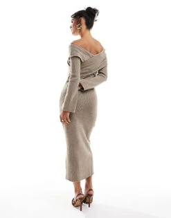 Pretty Lavish Crossover Bardot Knit Midaxi Dress In Brown For Women -Pretty Lavi Clothing Shop 206967014 4